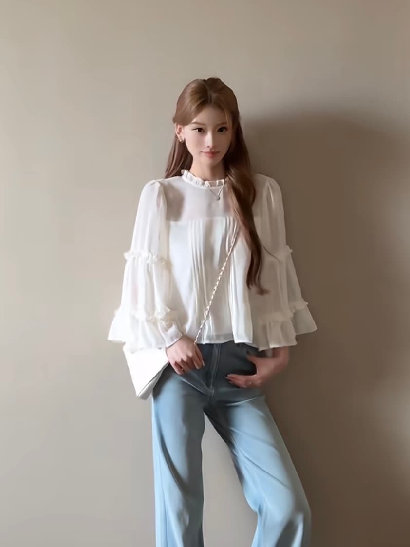 프랑스식 화이트 레이스 나팔 소매 여성 셔츠 조기 가을 아름다운 루즈핏 캐주얼 품격 8 점 소매 쉬폰 톱 상세 이미지 5
