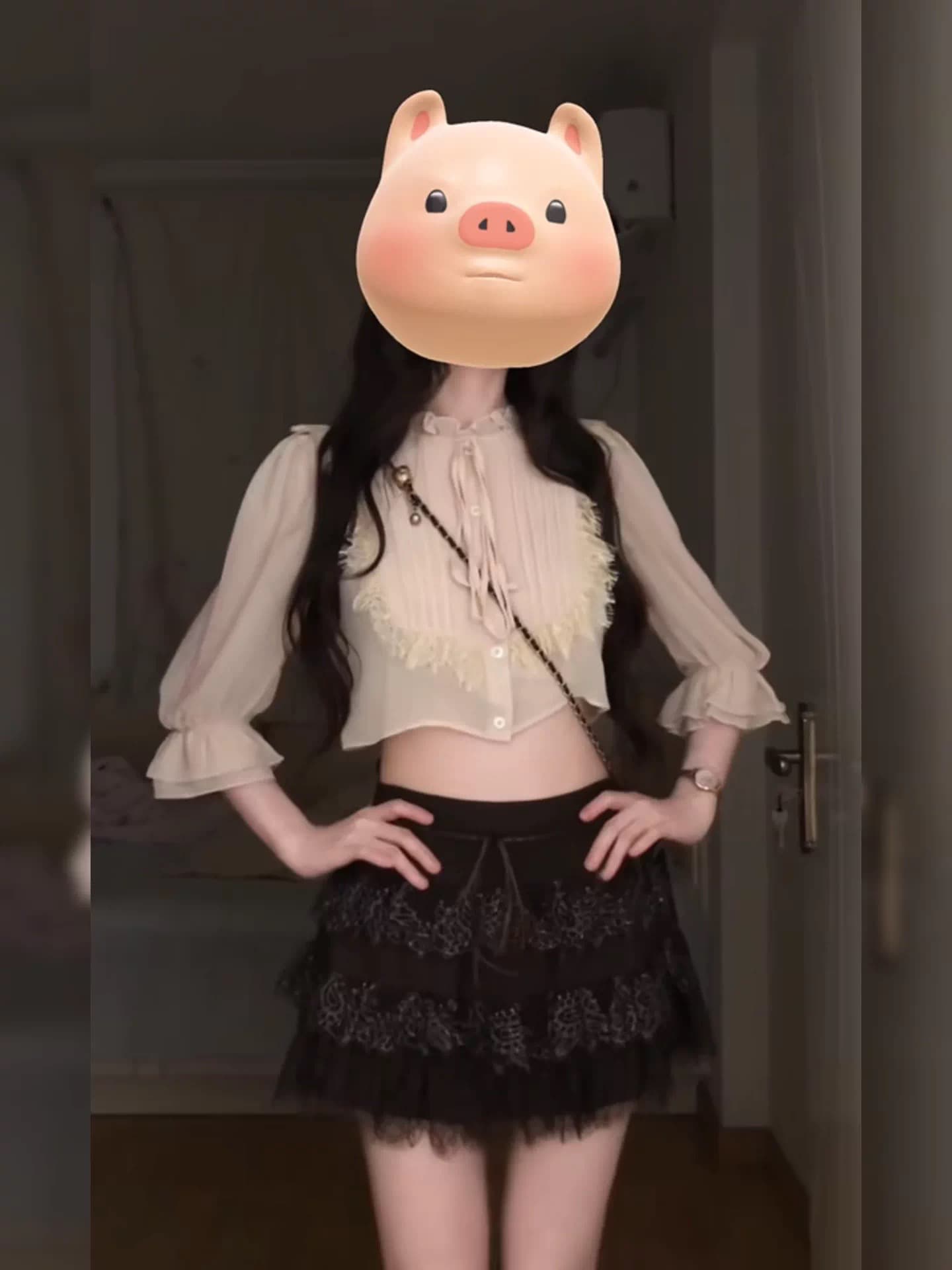 프랑스식 품격 프릴 쉬폰 블라우스 맨위 여성 여름 순수한 욕망 무거운 작업 레이스 퍼프 케이크 치마 세트 상세 이미지 2