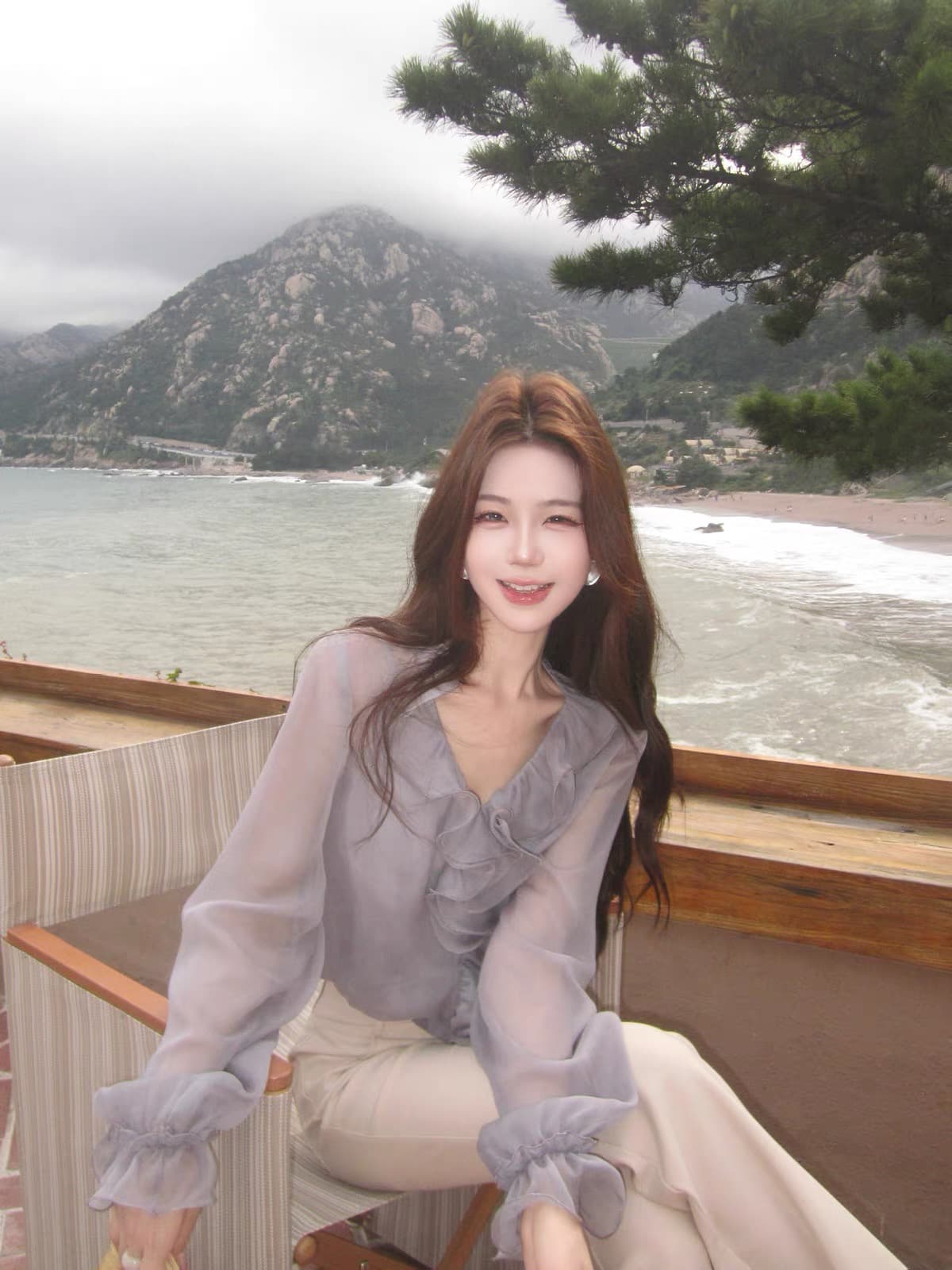 무쯔리 목자이 ~ 중 리 감기 디자인 센스 긴팔 프릴 쉬폰 블라우스 마이크로 ~을 통해 의류 부츠컷 니트 긴 바지 여성 가을 상세 이미지 3