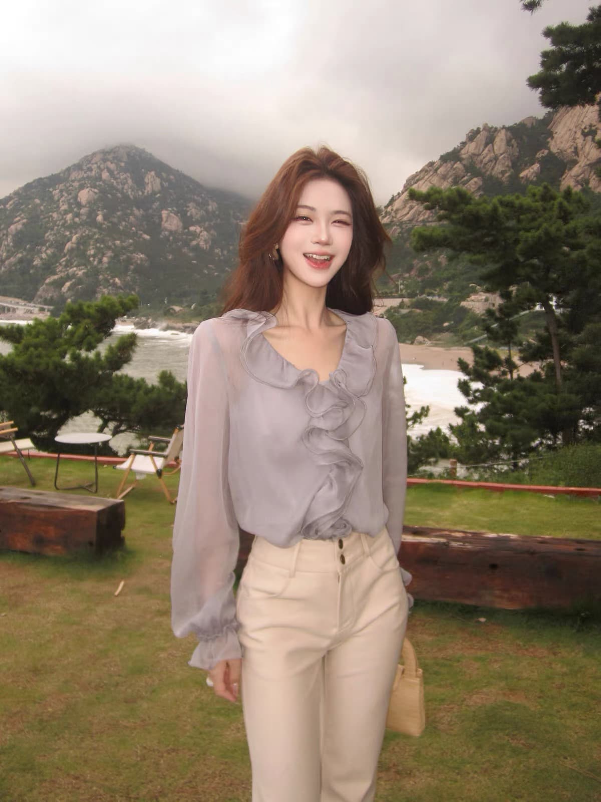 무쯔리 목자이 ~ 중 리 감기 디자인 센스 긴팔 프릴 쉬폰 블라우스 마이크로 ~을 통해 의류 부츠컷 니트 긴 바지 여성 가을 상세 이미지 5