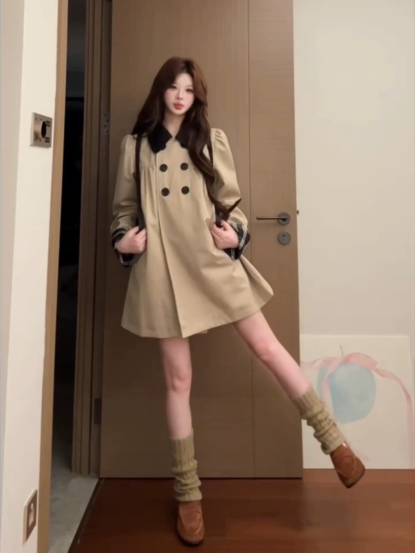 한 부서 학원 스타일 카키 색 중간 길이 바람막이 여성 코트 조기 가을 작은 키 루즈핏 다용도 품격 코트