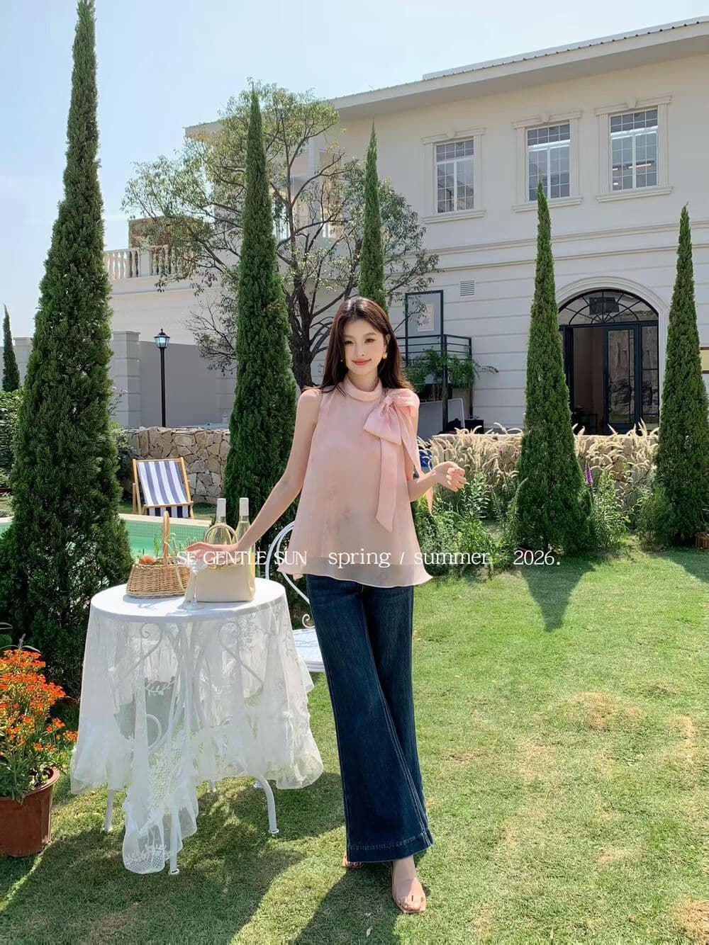 2026 봄 프랑스식 순수한 욕망 레이스 부드러운 레이스업 민소매 작은 셔츠 여성 꽃무늬 쉬폰 블라우스 맨위 여성 상세 이미지 11