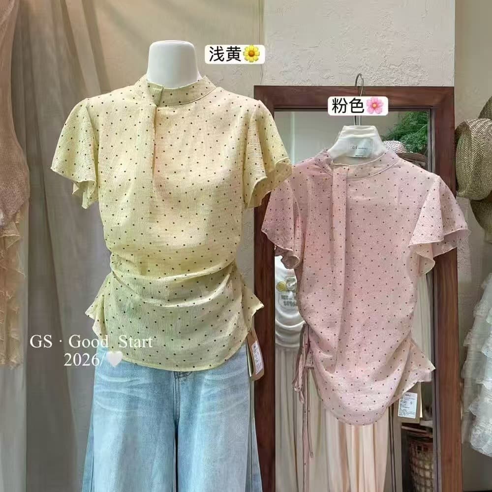 여름 한국 스타일 라운드 넥 Feifei 소매 품격 루즈핏 연령 감소 부드러운 달콤함 도트 무늬 망사 작은 셔츠 맨위 여성 이미지 5