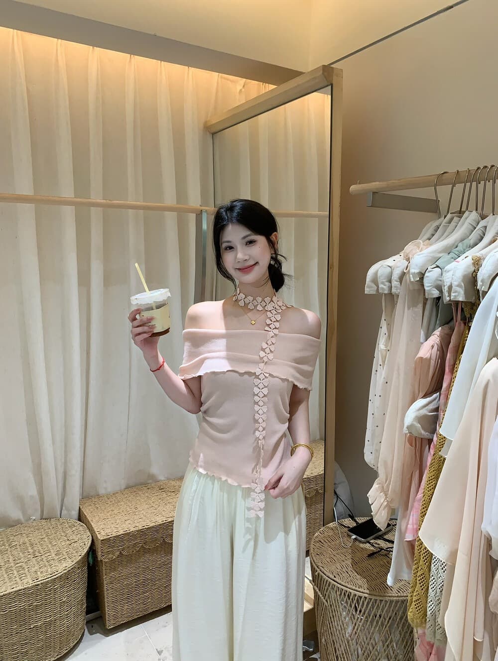 프랑스식 빛 요리 한 바람 오프숄더 슬림해 보이는 작은 셔츠 여성 여름 새로운 꽃 리본 달콤함 다용도 품격 맨위 상세 이미지 3