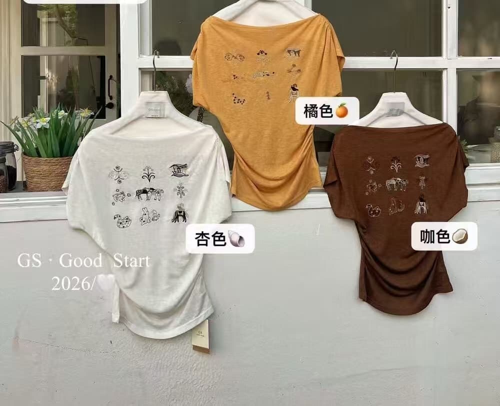 여름 캐주얼 레트로 자수 이슬 비스듬한 어깨 반팔 티셔츠 허리 수축 디자인 센스 비스듬한 어깨 의류 고급 센스 상세 이미지 9