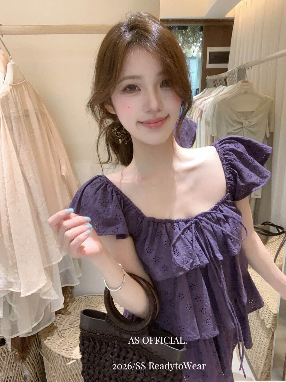 2026 여름 패션 루즈핏 다용도 달콤한 스타일 작은 셔츠 홀로우 아웃 프릴 Feifei 소매 광장 칼라 여성 셔츠 상세 이미지 5
