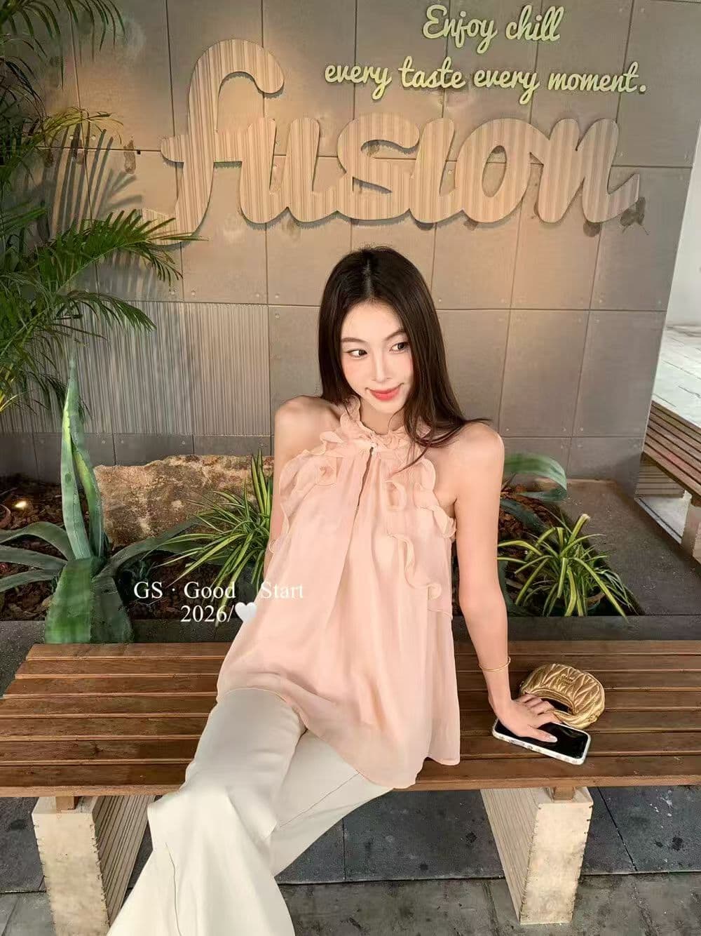 2026 년 여름 새로운 한 부서 순수한 욕망 바람 민소매 행침 목 셔츠 프릴 행침 목 쉬폰 톱 여성 이미지 4