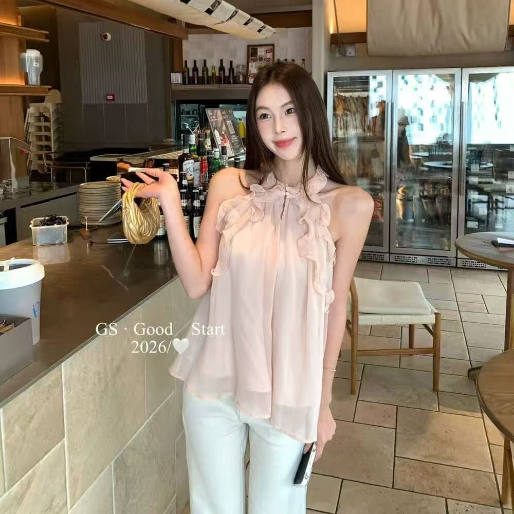 2026 년 여름 새로운 한 부서 순수한 욕망 바람 민소매 행침 목 셔츠 프릴 행침 목 쉬폰 톱 여성