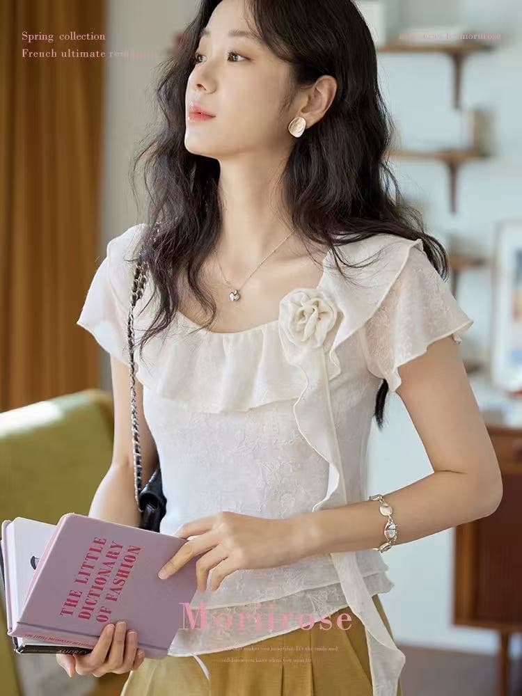2026 여름 새로운 쉬폰 작은 셔츠 디자인 센스 작은 대중 고급 센스 3 차원 꽃 프릴 맨위 여성 상세 이미지 1