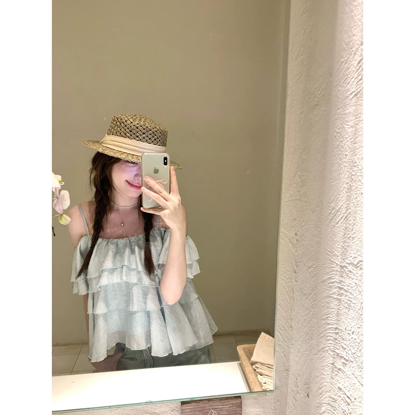 한 부서 달콤한 매운맛 바람 박하 블루 프릴 슬립 맨위 여성 여름 새로운 쉬폰 작은 셔츠 디자인 센스 작은 대중 상세 이미지 1