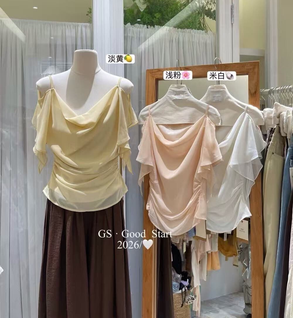 여름 디자인 센스 불규칙 주름 허리 수축 달콤한 매운맛 흔들다 칼라 프릴 오프숄더 반팔 티셔츠 여성 셔츠 상세 이미지 7