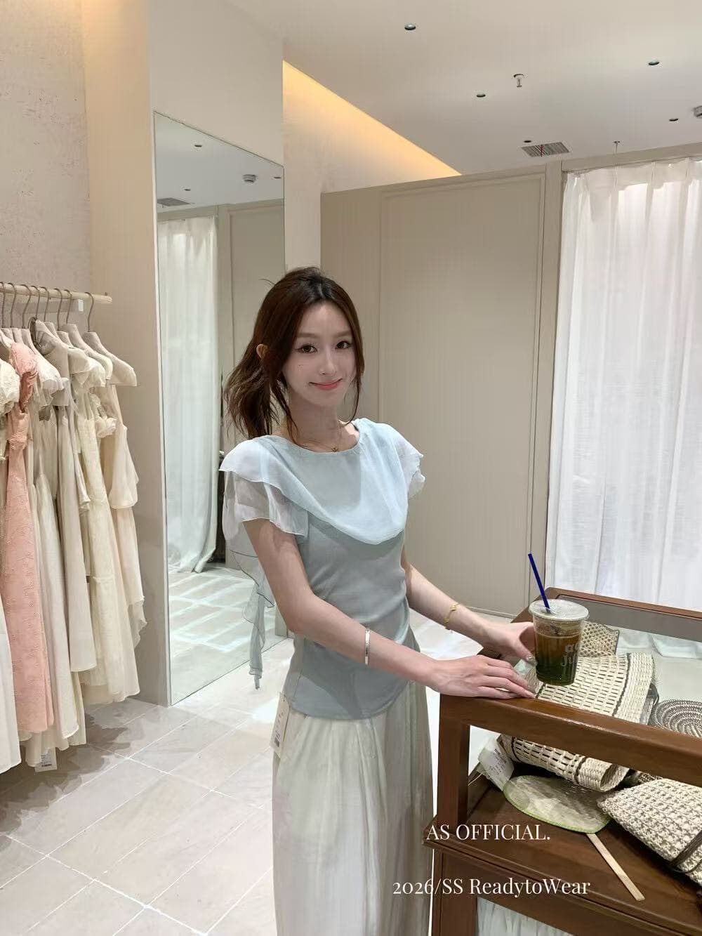 여름 한 부서 부드러운 달콤함 분위기 연꽃 잎 망사 패치워크 허리 수축 작은 셔츠 연령 감소 캐주얼 맨위 여성 상세 이미지 3