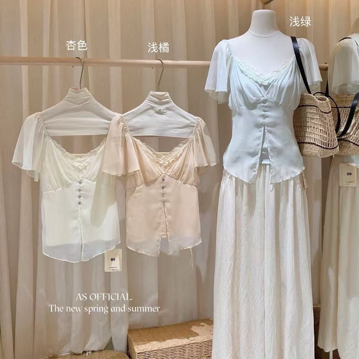 프랑스식 낭만주의 바람 레이스 측면 페이크 레이어드 V넥 반팔 시폰 셔츠 여성 여름 화이트 몸매 가꾸기 레이스 쉬폰 작은 셔츠 이미지 5