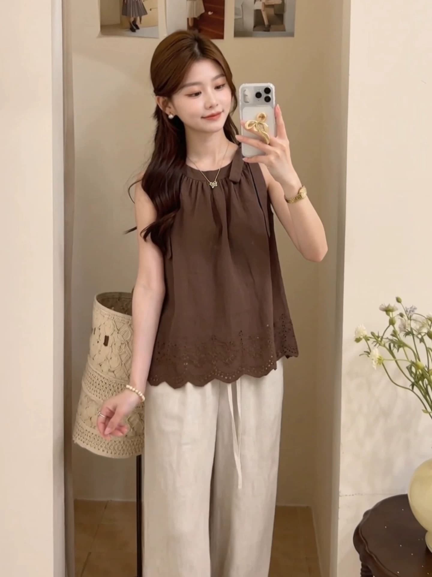 여름 새로운 외출용 쉬폰 작은 조끼 작은 대중 디자인 달콤함 작은 청신 나비 매듭 스트랩 맨위 여성 이미지 4