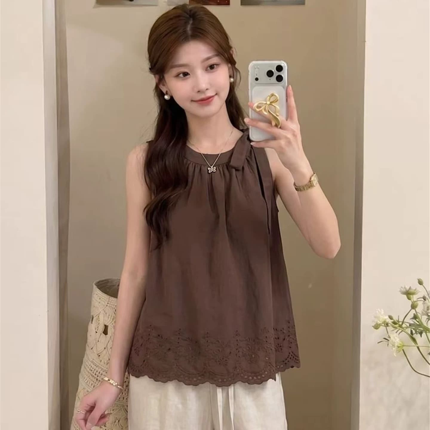 여름 새로운 외출용 쉬폰 작은 조끼 작은 대중 디자인 달콤함 작은 청신 나비 매듭 스트랩 맨위 여성 이미지 5
