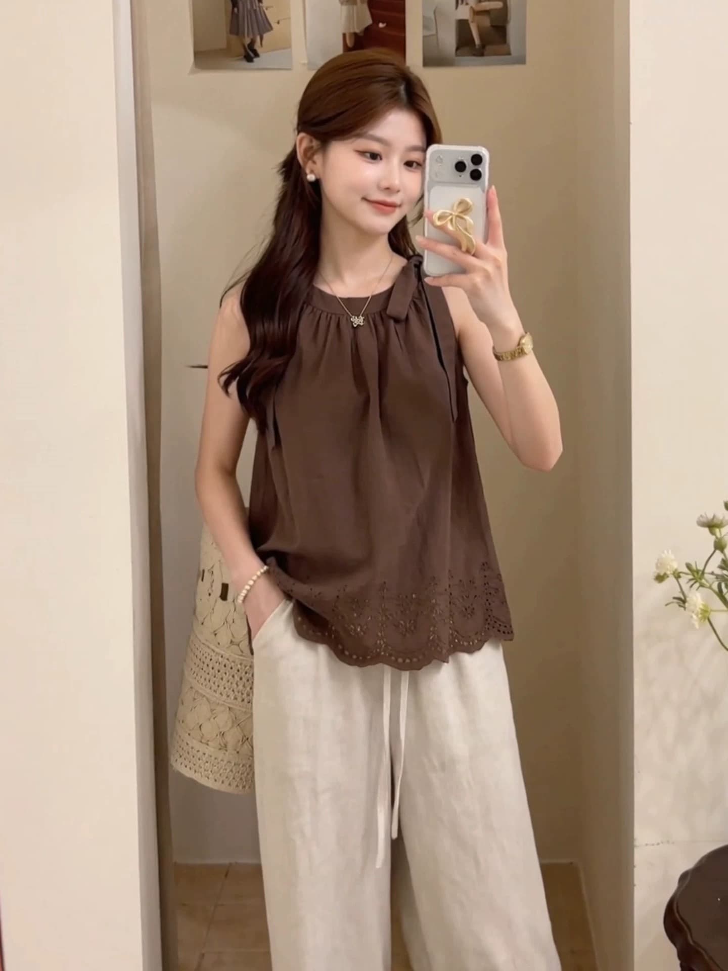 여름 새로운 외출용 쉬폰 작은 조끼 작은 대중 디자인 달콤함 작은 청신 나비 매듭 스트랩 맨위 여성 상세 이미지 3