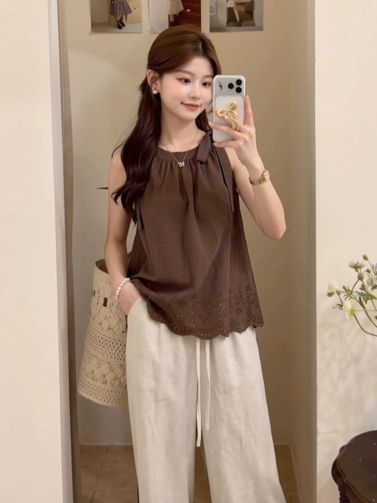 여름 새로운 외출용 쉬폰 작은 조끼 작은 대중 디자인 달콤함 작은 청신 나비 매듭 스트랩 맨위 여성 상세 이미지 5