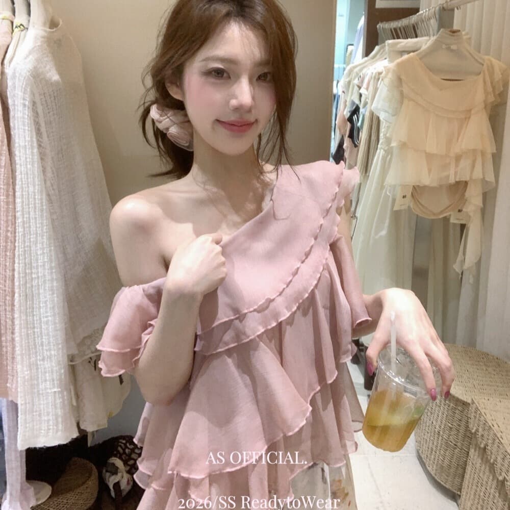 여름 얇은 스타일 미니멀리즘 슬림해 보이는 다용도 캐주얼 맨위 달콤함 센스 프릴 리본 디자인 비스듬한 어깨 작은 셔츠 여성 이미지 5