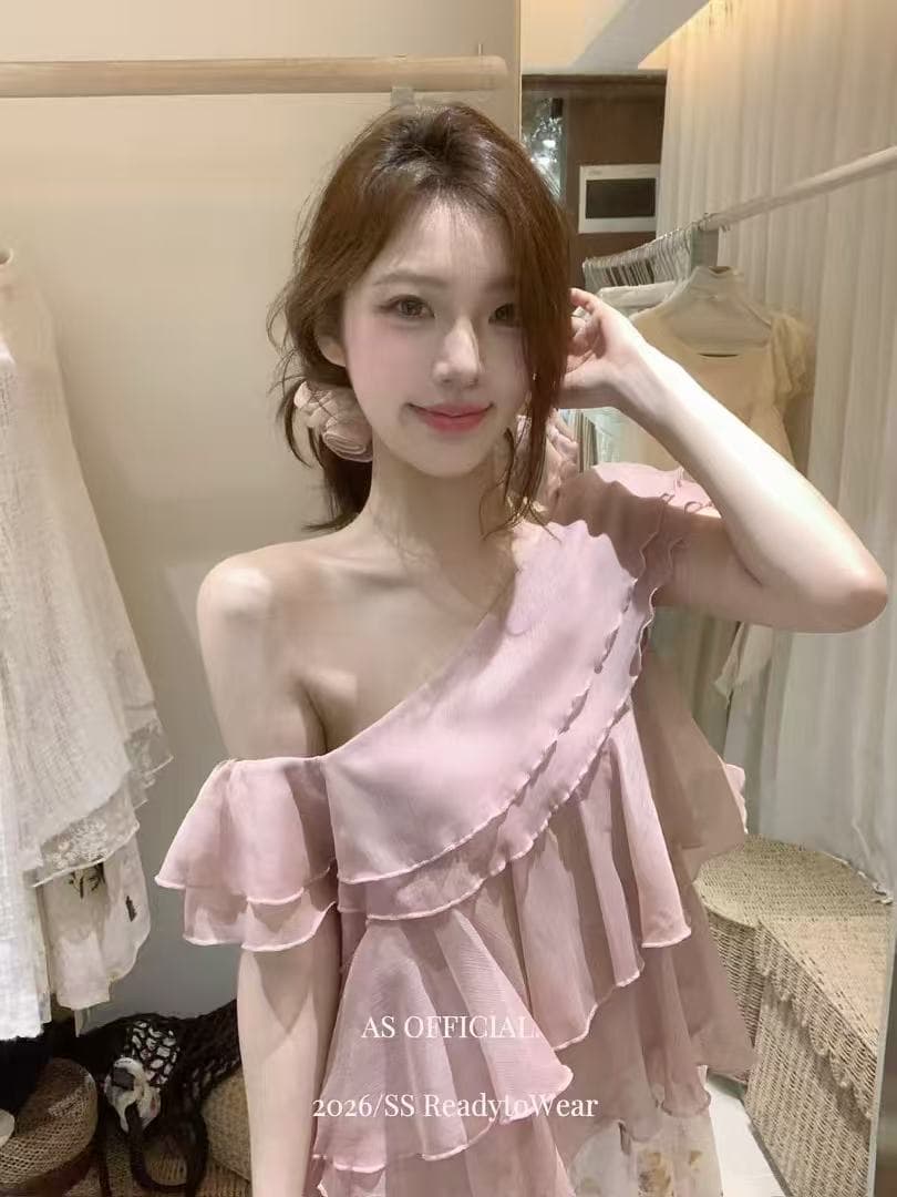 여름 얇은 스타일 미니멀리즘 슬림해 보이는 다용도 캐주얼 맨위 달콤함 센스 프릴 리본 디자인 비스듬한 어깨 작은 셔츠 여성 상세 이미지 1