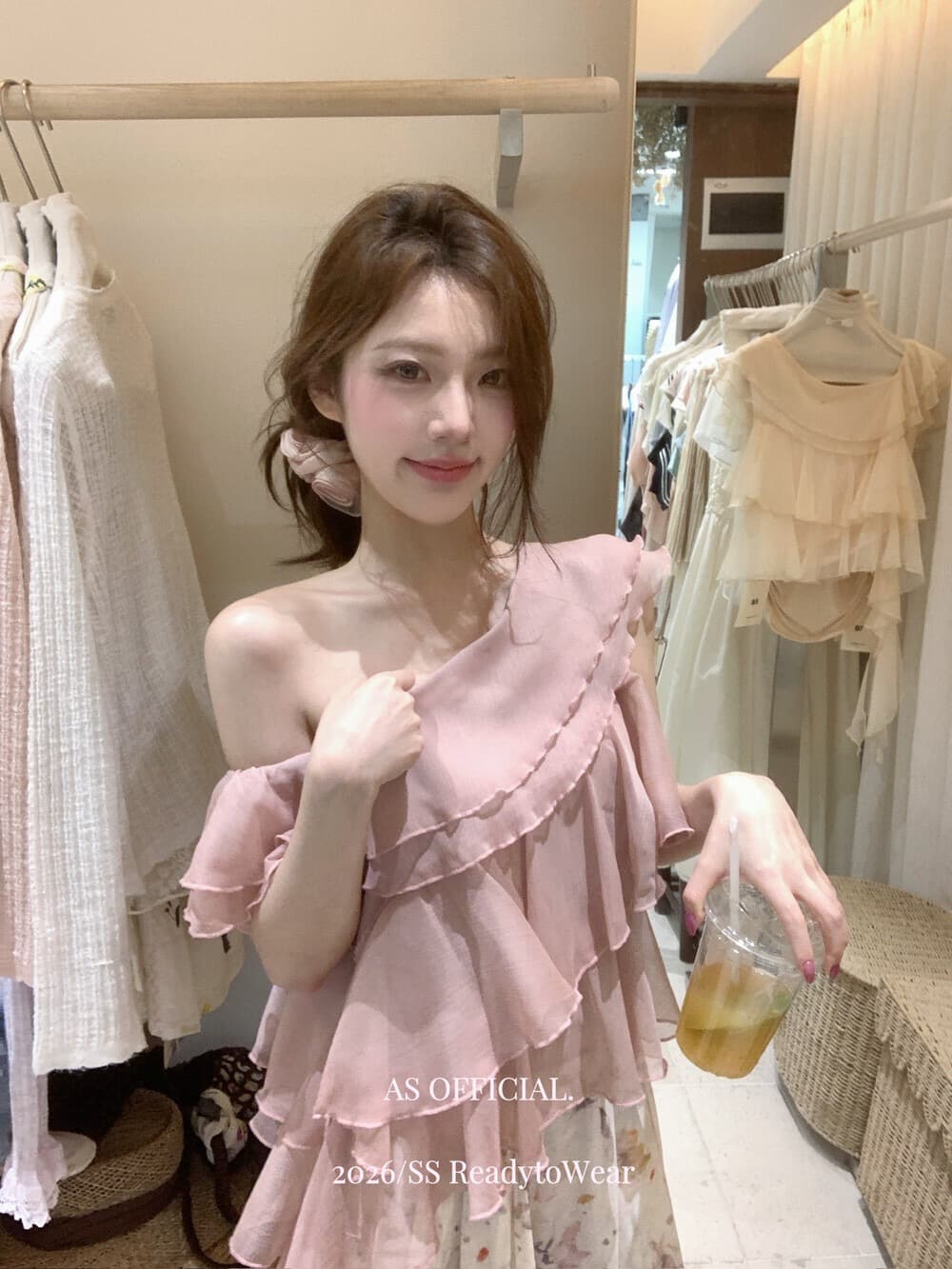 여름 얇은 스타일 미니멀리즘 슬림해 보이는 다용도 캐주얼 맨위 달콤함 센스 프릴 리본 디자인 비스듬한 어깨 작은 셔츠 여성 상세 이미지 4