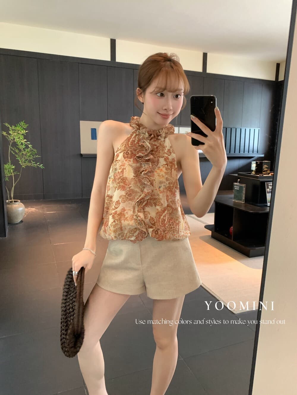 2026 여름 새로운 핫걸 레트로 품격 행침 목 프릴 프린트 조끼 슬림해 보이는 얇고 가벼운 민소매 맨위 여성 상세 이미지 1