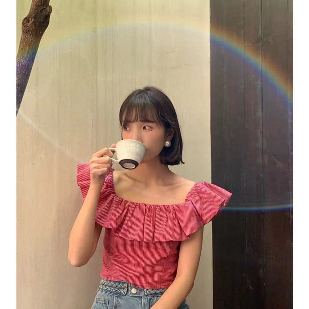 여름 새로운 작은 날다 소매 작은 셔츠 트렌디 달콤한 매운맛 바람 로즈 레드 체크무늬 베이비 칼라 하이웨이스트 쇼트 스타일 맨위 여성