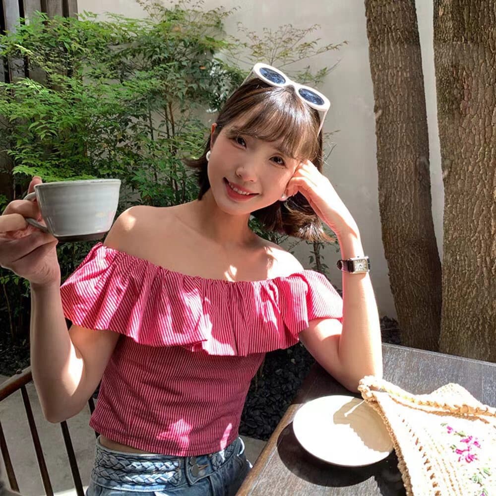 여름 새로운 작은 날다 소매 작은 셔츠 트렌디 달콤한 매운맛 바람 로즈 레드 체크무늬 베이비 칼라 하이웨이스트 쇼트 스타일 맨위 여성 상세 이미지 1