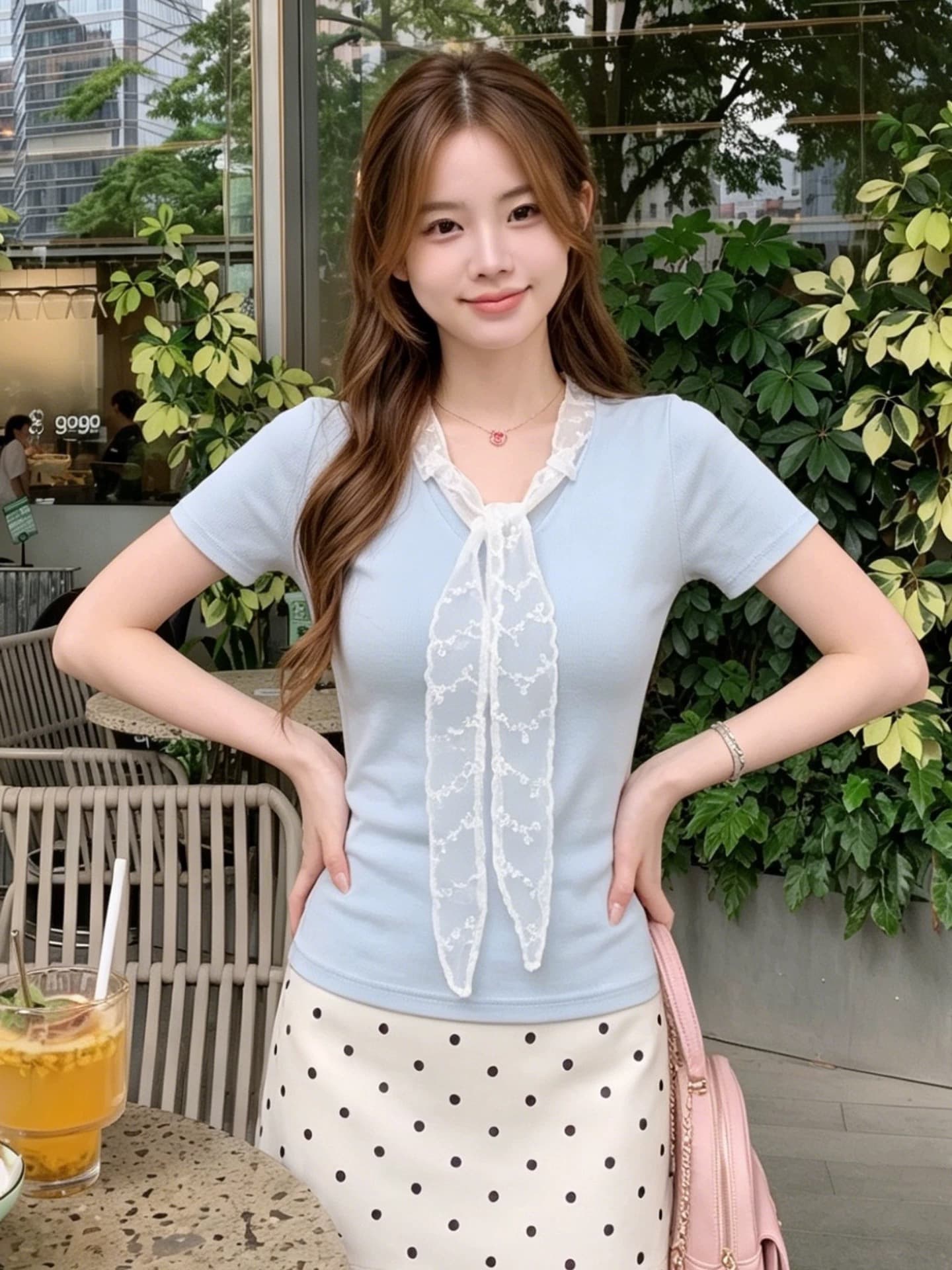 2026 년 여름 새로운 파란색 나비 매듭 몸매 가꾸기 맨위 달콤한 스타일 레이스 조각 반팔 티셔츠 여성 이미지 4