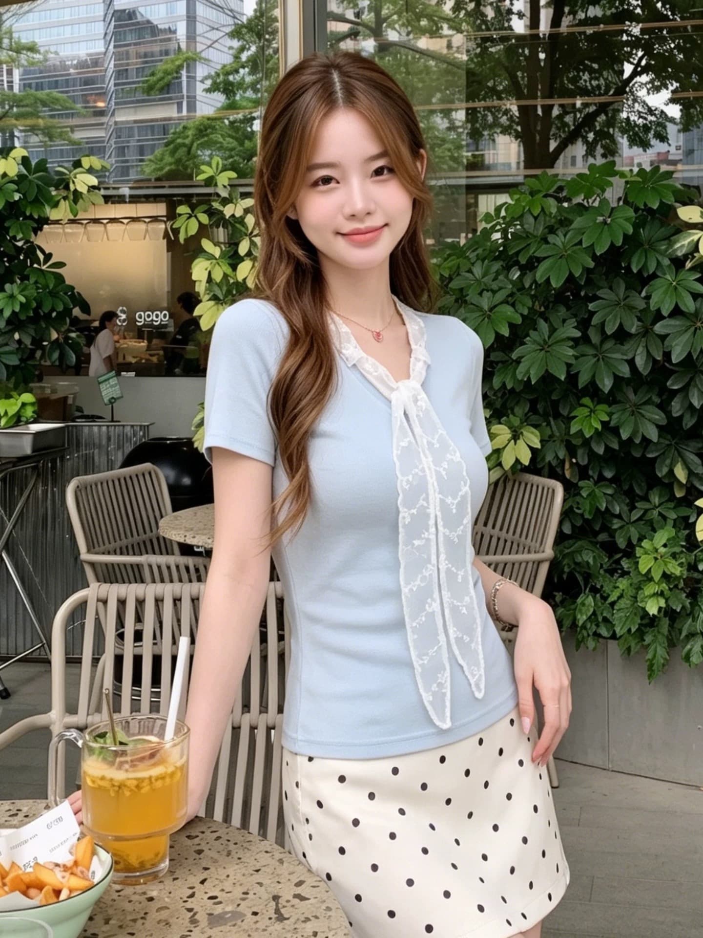 2026 년 여름 새로운 파란색 나비 매듭 몸매 가꾸기 맨위 달콤한 스타일 레이스 조각 반팔 티셔츠 여성 상세 이미지 5