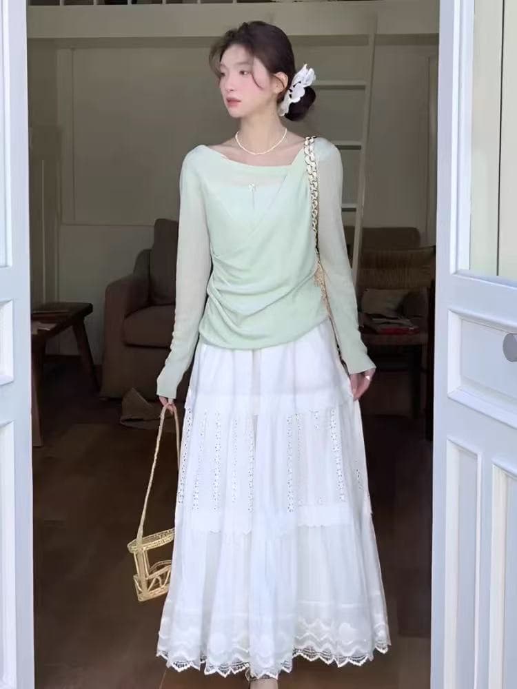 여름 새로운 고유 한 Chic 몸매 가꾸기 만나는 오프숄더 맨위 부드러운 바람 흔들다 칼라 주름 긴팔 티셔츠 여성 이미지 3