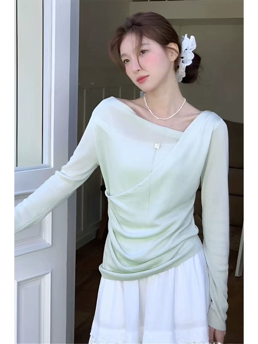 여름 새로운 고유 한 Chic 몸매 가꾸기 만나는 오프숄더 맨위 부드러운 바람 흔들다 칼라 주름 긴팔 티셔츠 여성