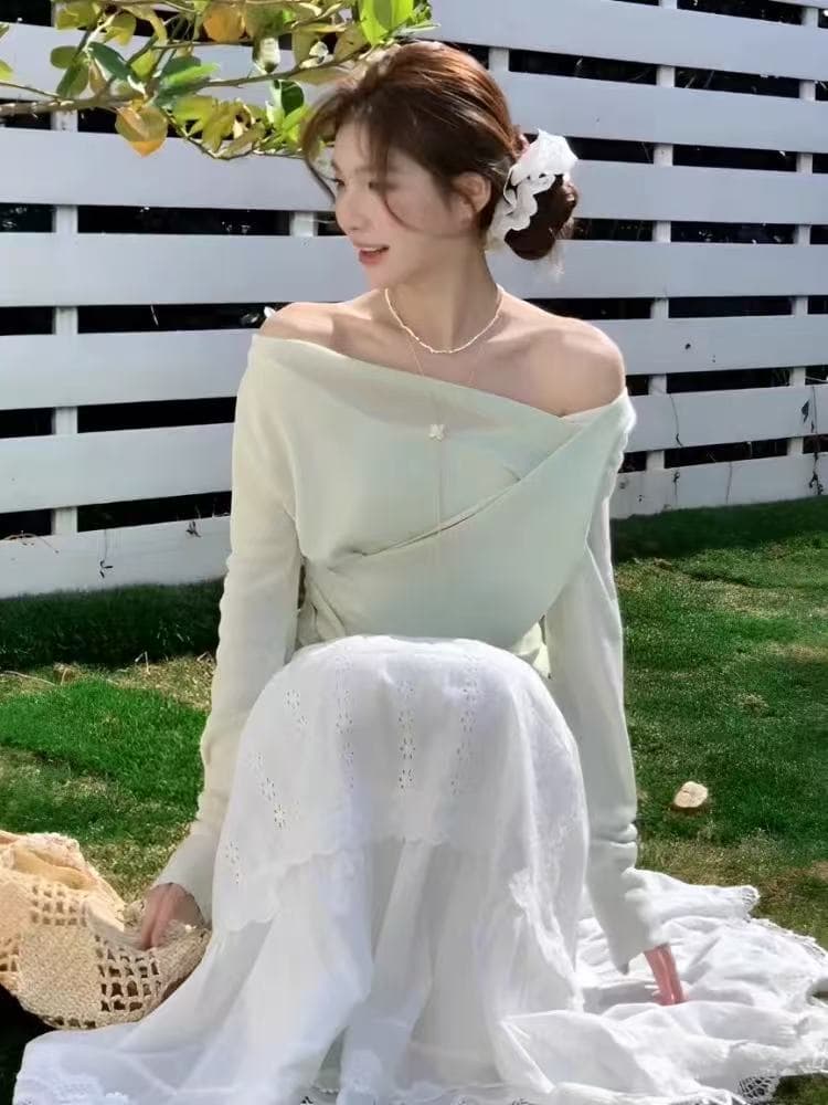 여름 새로운 고유 한 Chic 몸매 가꾸기 만나는 오프숄더 맨위 부드러운 바람 흔들다 칼라 주름 긴팔 티셔츠 여성 상세 이미지 4