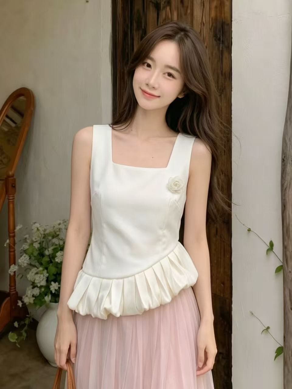 2026 여름 밑단 프릴 치마 작은 맨위 여성 달콤한 자매 3 차원 꽃 캐미솔 그는 벤 바람 작은 셔츠 이미지 2