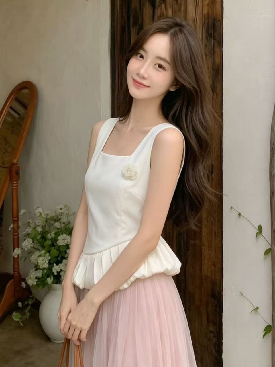 2026 여름 밑단 프릴 치마 작은 맨위 여성 달콤한 자매 3 차원 꽃 캐미솔 그는 벤 바람 작은 셔츠 상세 이미지 3