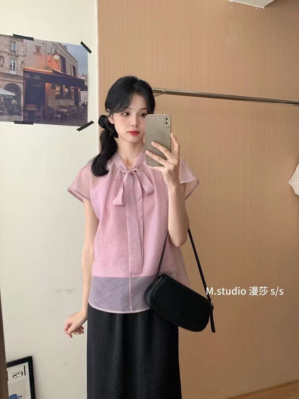 여름 새로운 고급 센스 루즈핏 다용도 맨위 Chic 부드러운 바람 레이스업 디자인 센스 주간 실크 셔츠 여성 상세 이미지 3