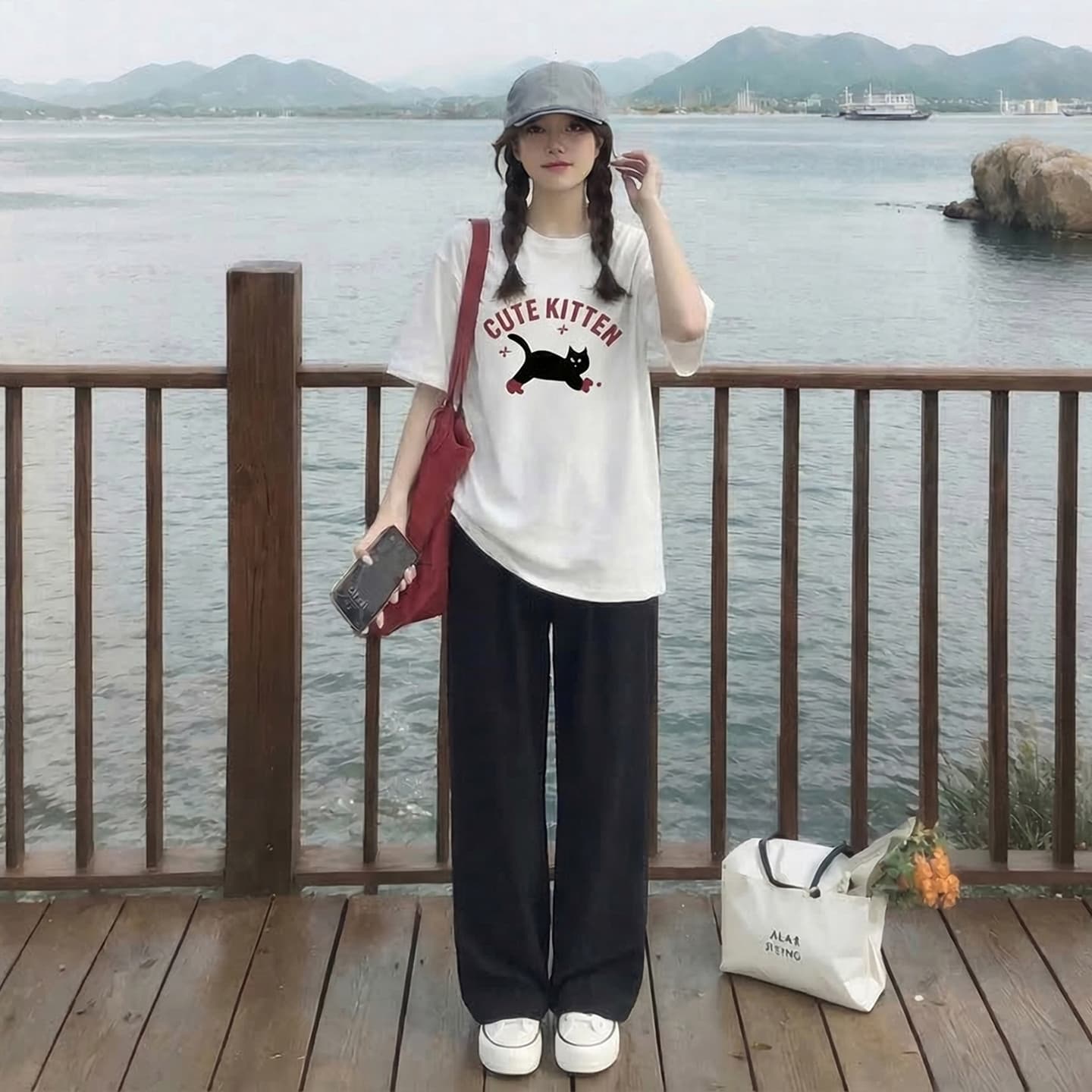 회색 느긋한 바람 느슨함 패션 디자인 센스 프린트 티셔츠 맨위 수 있습니다. 조정 아세트산 얼음 실크 바지 이미지 3