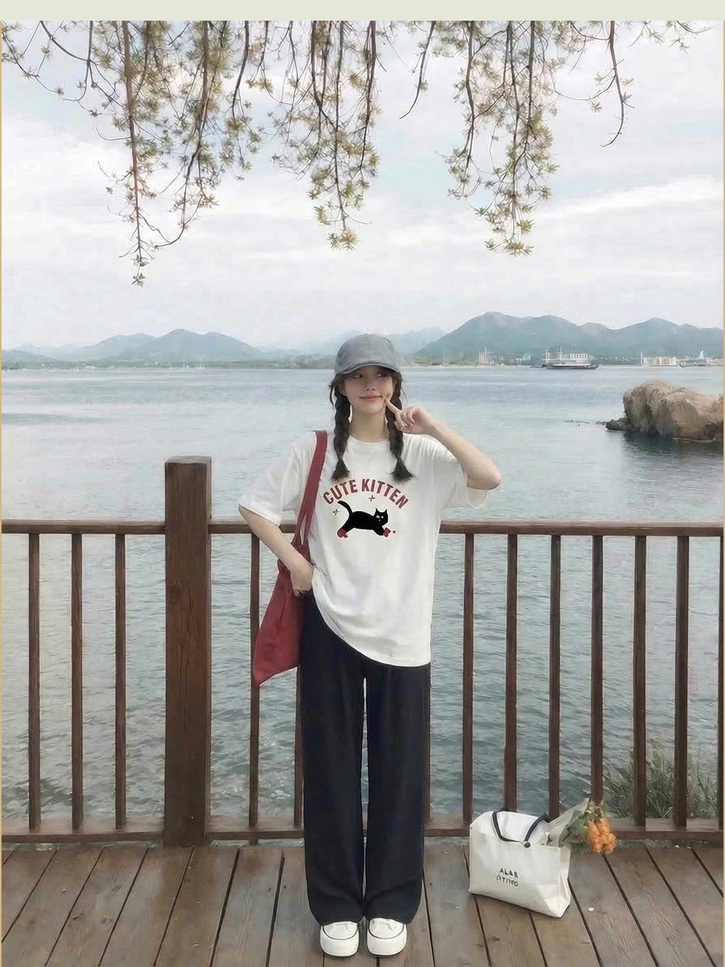 회색 느긋한 바람 느슨함 패션 디자인 센스 프린트 티셔츠 맨위 수 있습니다. 조정 아세트산 얼음 실크 바지 상세 이미지 3