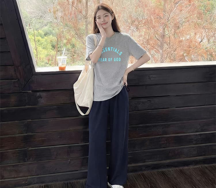 세트 회색 느긋한 바람 느슨함 패션 품격 디자인 프린트 티셔츠 맨위 수 있습니다. 조정 면 린넨 와이드 레그 팬츠 상세 이미지 26