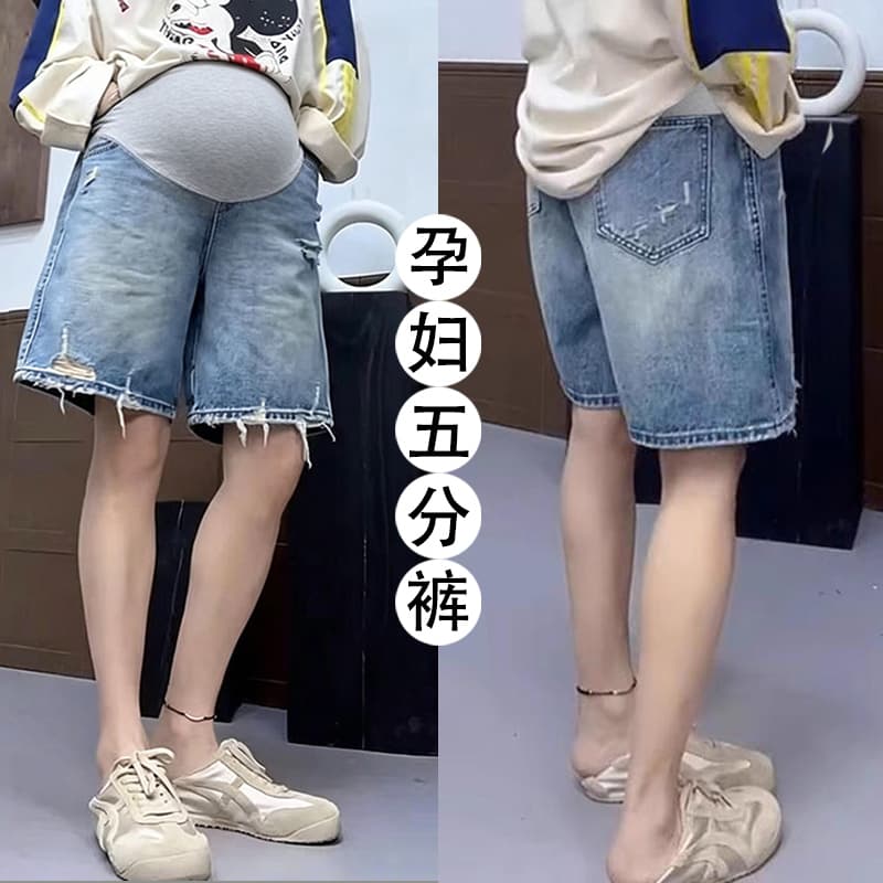 임산부 데님 반바지 여성 여름 얇은 스타일 외출용 찢어진 부분 5 점 루즈핏 슬림해 보이는 캐주얼 빅 사이즈 와이드 레그 팬츠 어린이 이미지 2