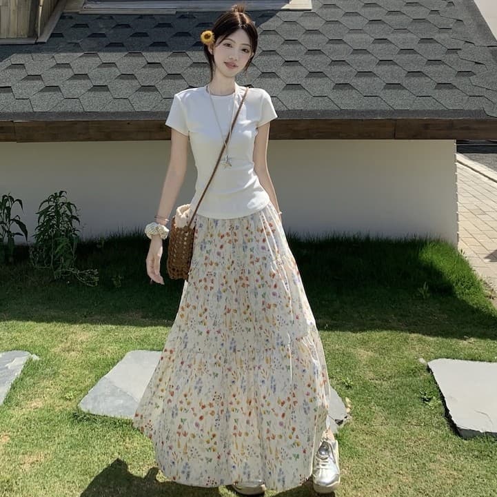 임산부 없음 복부 지지 꽃무늬 반신 스커트 2026 새로운 여름 외출용 캐주얼 슬림해 보이는 중간 길이 저항 주름 우산 치마 여성 이미지 4