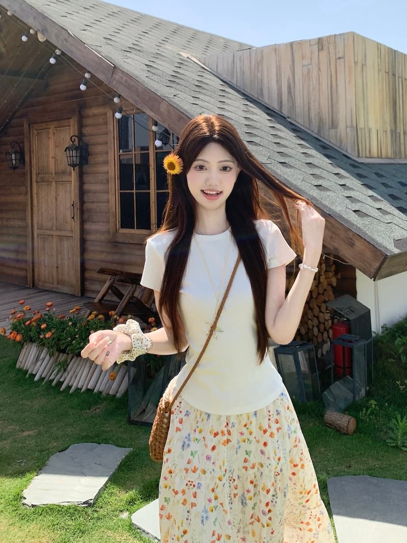 임산부 없음 복부 지지 꽃무늬 반신 스커트 2026 새로운 여름 외출용 캐주얼 슬림해 보이는 중간 길이 저항 주름 우산 치마 여성 상세 이미지 1