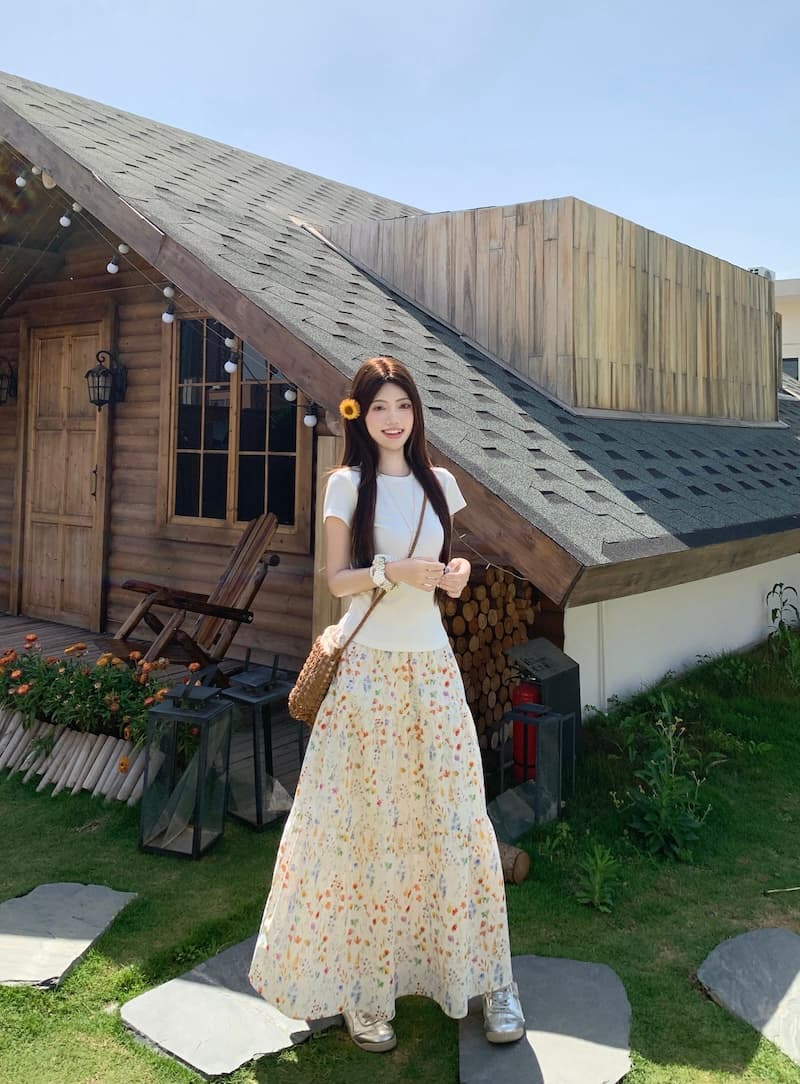 임산부 없음 복부 지지 꽃무늬 반신 스커트 2026 새로운 여름 외출용 캐주얼 슬림해 보이는 중간 길이 저항 주름 우산 치마 여성 상세 이미지 4