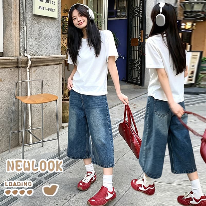 세트 단색 느긋한 바람 느슨함 패션 품격 디자인 루즈핏 티셔츠 맨위 수 있습니다. 조정 데님 7부 바지 이미지 3
