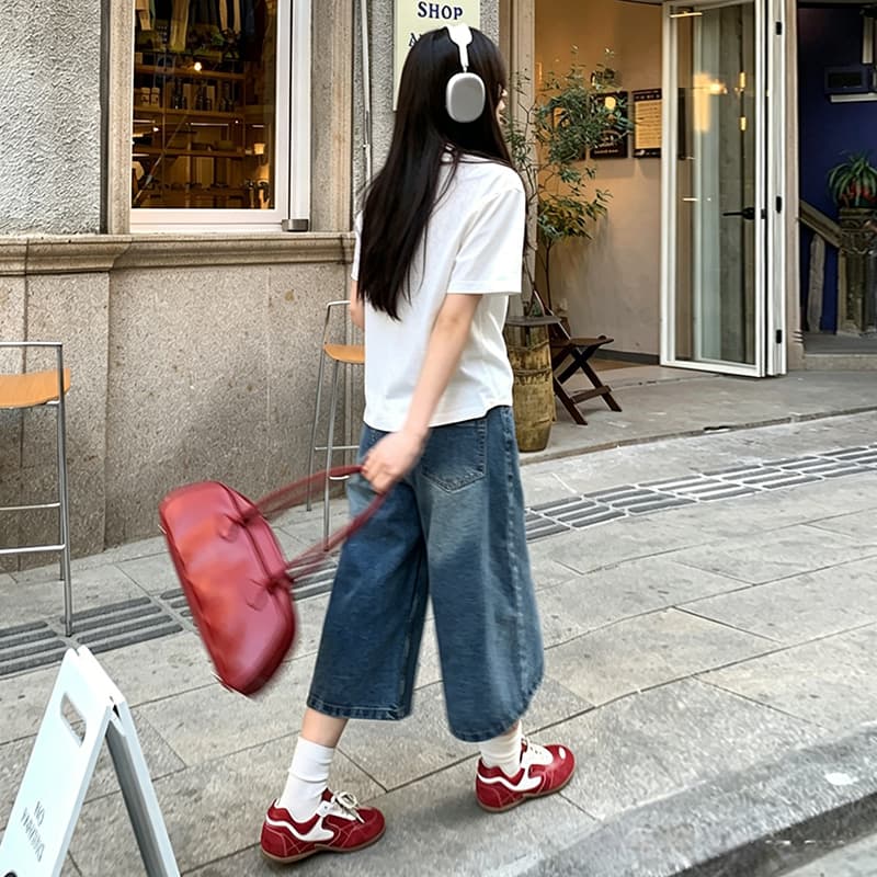 세트 단색 느긋한 바람 느슨함 패션 품격 디자인 루즈핏 티셔츠 맨위 수 있습니다. 조정 데님 7부 바지 이미지 4