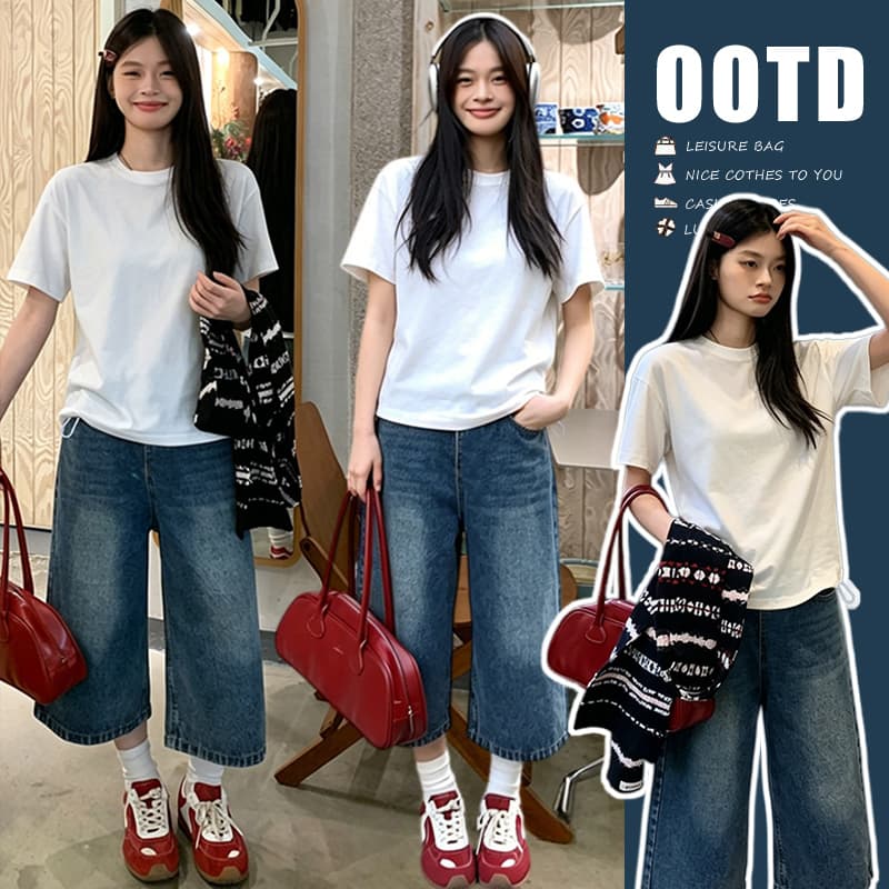 세트 단색 느긋한 바람 느슨함 패션 품격 디자인 루즈핏 티셔츠 맨위 수 있습니다. 조정 데님 7부 바지 이미지 2