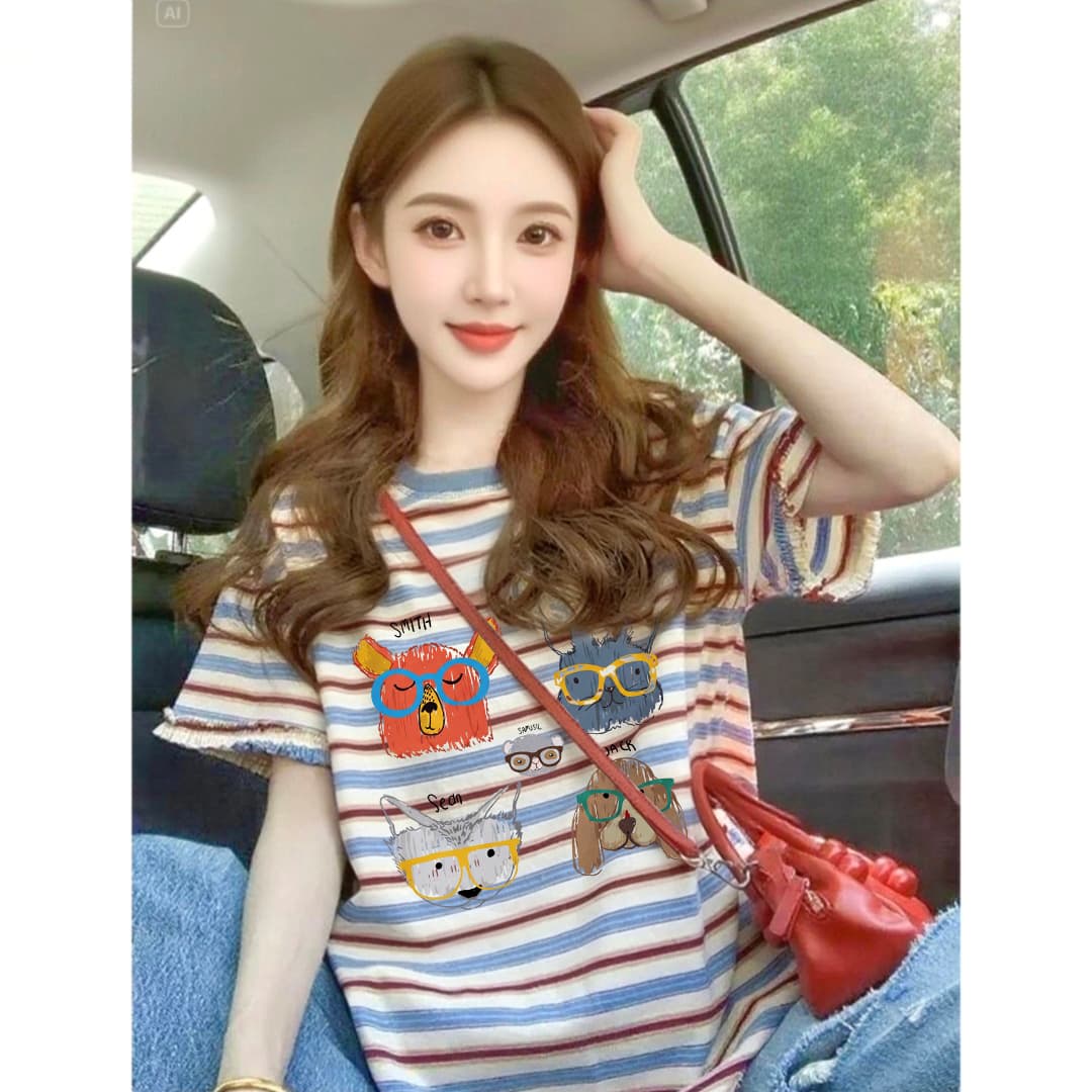 임산부 스트라이프 반팔 프린트 학원 스타일 루즈핏 캐주얼 여성 티셔츠 여름 표지 고기 슬림해 보이는 디자인 센스 맨위 여성 이미지 4