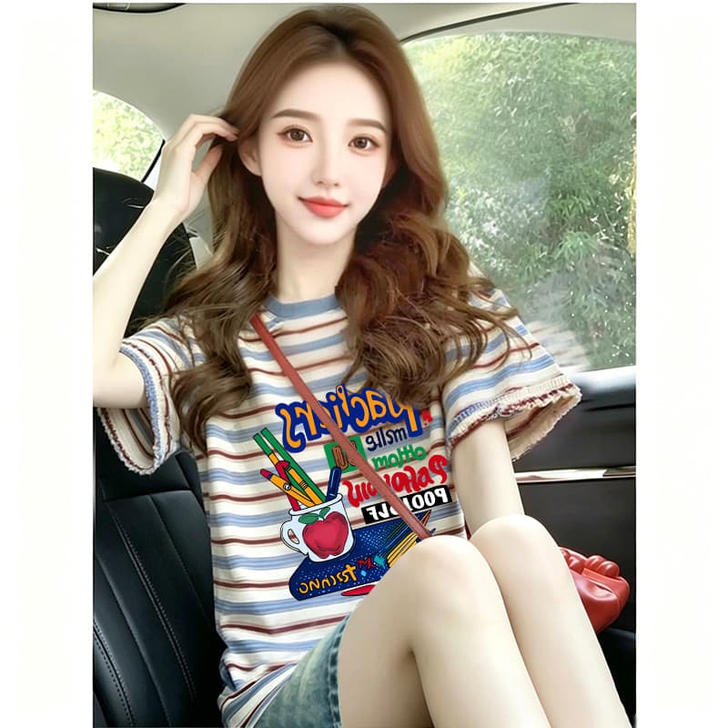 임산부 스트라이프 반팔 프린트 학원 스타일 루즈핏 캐주얼 여성 티셔츠 여름 표지 고기 슬림해 보이는 디자인 센스 맨위 여성
