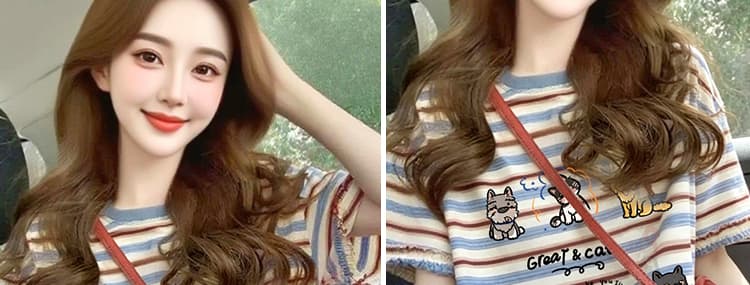 임산부 스트라이프 반팔 프린트 학원 스타일 루즈핏 캐주얼 여성 티셔츠 여름 표지 고기 슬림해 보이는 디자인 센스 맨위 여성 상세 이미지 8