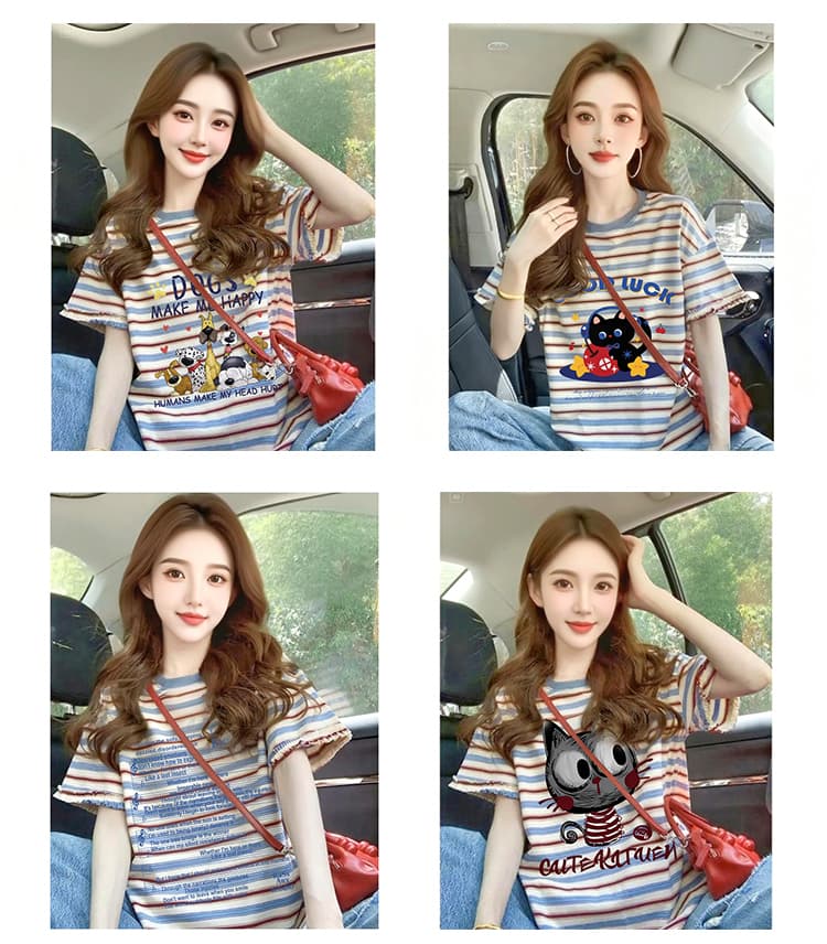 임산부 스트라이프 반팔 프린트 학원 스타일 루즈핏 캐주얼 여성 티셔츠 여름 표지 고기 슬림해 보이는 디자인 센스 맨위 여성 상세 이미지 15