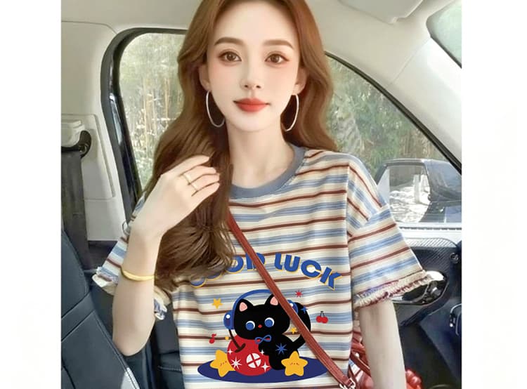 임산부 스트라이프 반팔 프린트 학원 스타일 루즈핏 캐주얼 여성 티셔츠 여름 표지 고기 슬림해 보이는 디자인 센스 맨위 여성 상세 이미지 22